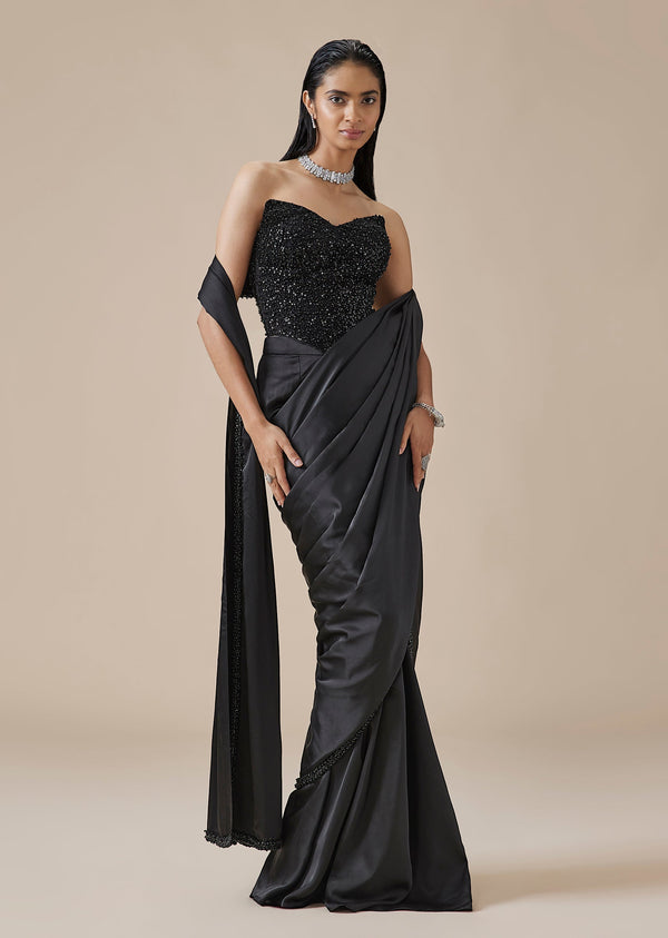 Black Moti Detail Ready Pleated Saree With Front Slit