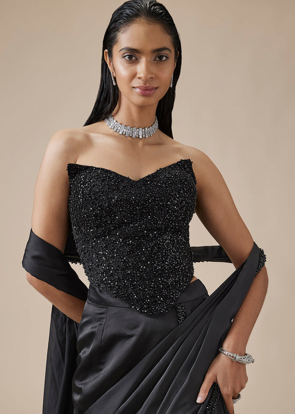 Black Moti Detail Ready Pleated Saree With Front Slit