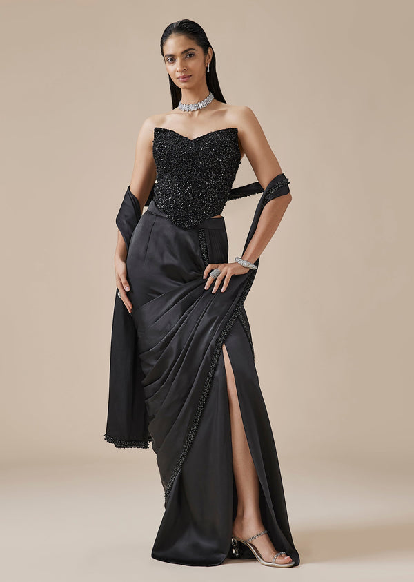 Black Moti Detail Ready Pleated Saree With Front Slit