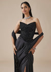 Black Moti Detail Ready Pleated Saree With Front Slit
