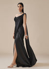 Black Moti Detail Ready Pleated Saree With Front Slit