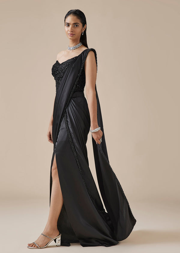Black Moti Detail Ready Pleated Saree With Front Slit