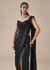 Black Moti Detail Ready Pleated Saree With Front Slit