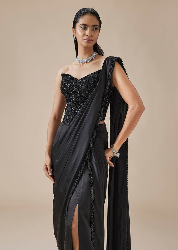 Black Moti Detail Ready Pleated Saree With Front Slit