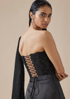 Black Moti Detail Ready Pleated Saree With Front Slit
