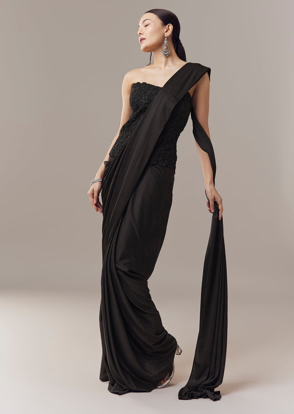 Black Ready Pleated Corset Saree With Thread And Cut Dana Work