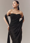 Black Ready Pleated Corset Saree With Thread And Cut Dana Work
