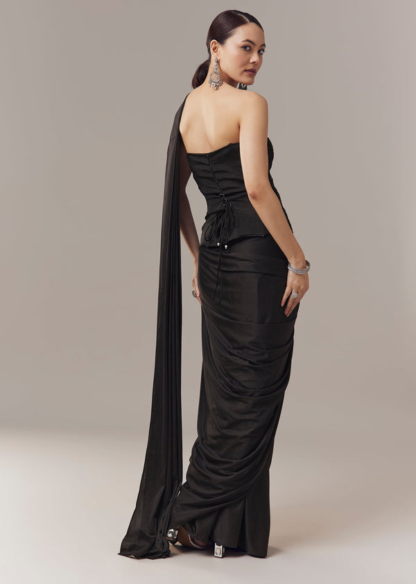 Black Ready Pleated Corset Saree With Thread And Cut Dana Work