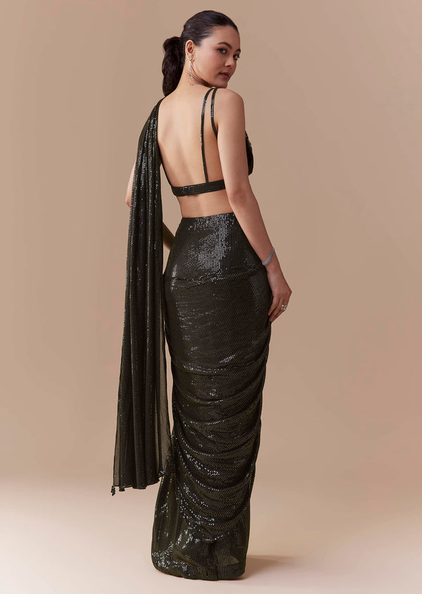Black Ready Pleated Georgette Saree with Sequin Wor Blouse