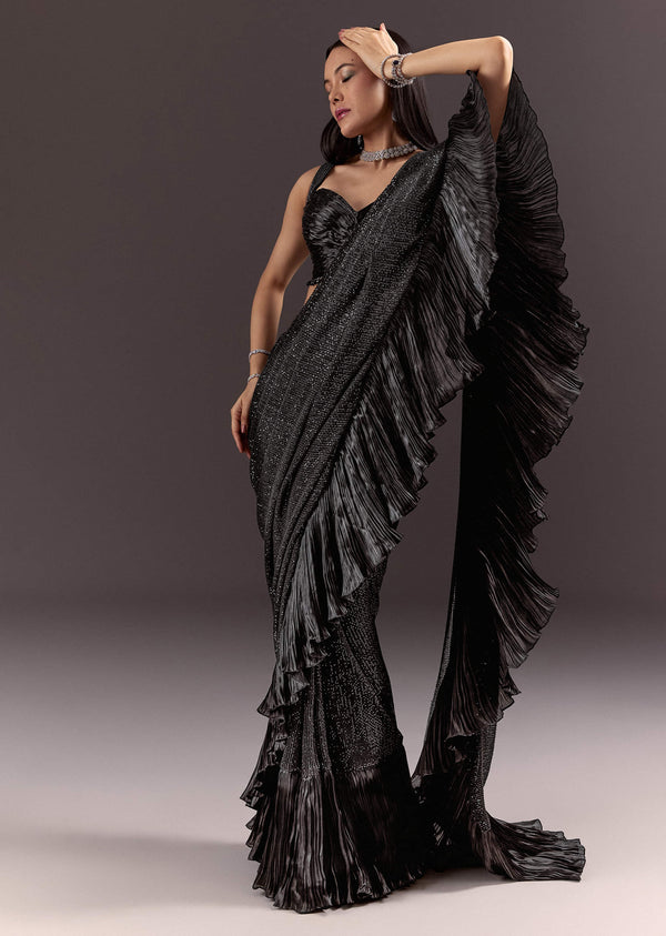 Black Ready Pleated Saree With Ruching Blouse And Frills