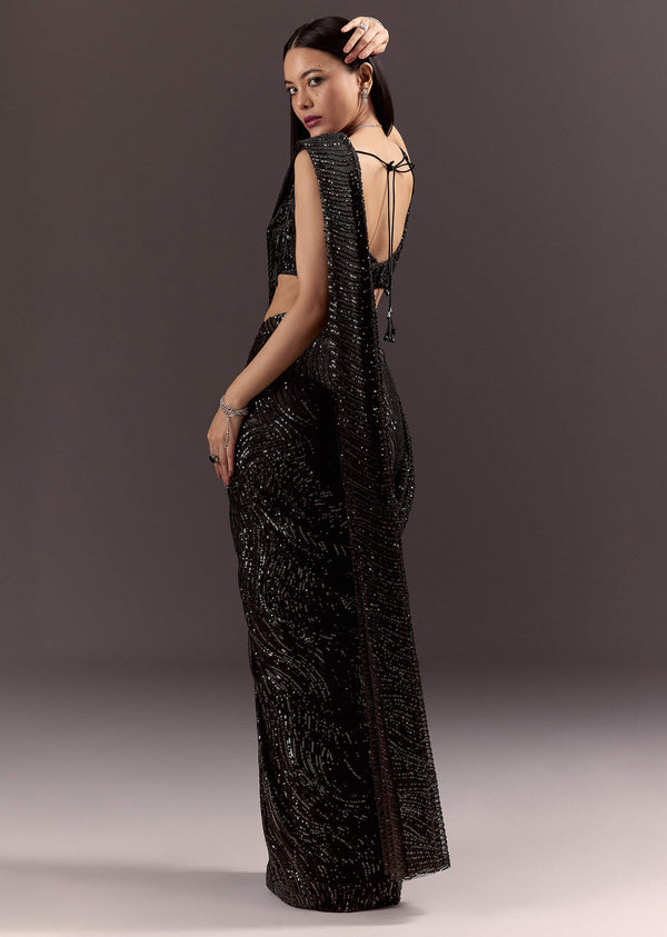 Black Ready To Wear Saree With 3D Patching And Fancy Neck Blouse