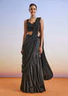 Black Satin Ready Pleated Saree With Embroidered Blouse And Belt