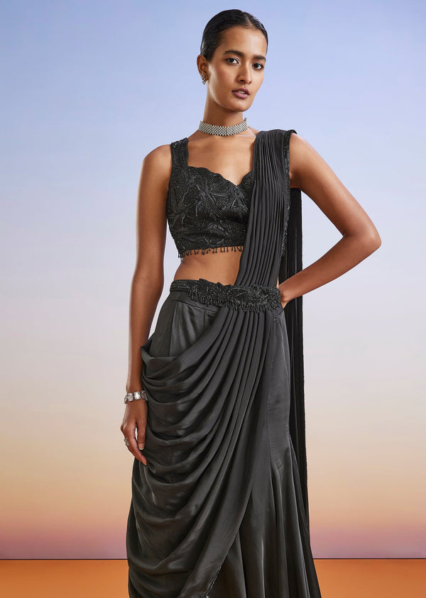 Black Satin Ready Pleated Saree With Embroidered Blouse And Belt