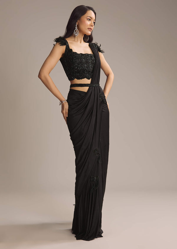 Black Lycra Ready Pleated Saree With Cutdana Work