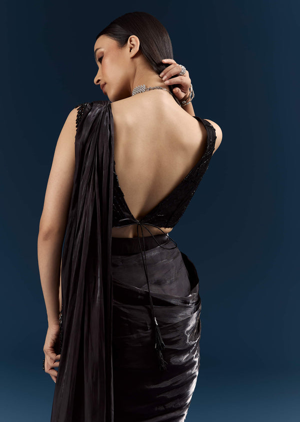 Black Organza Ready Pleated Saree With Heavy Embroidery