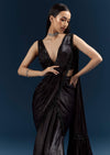Black Organza Ready Pleated Saree With Heavy Embroidery