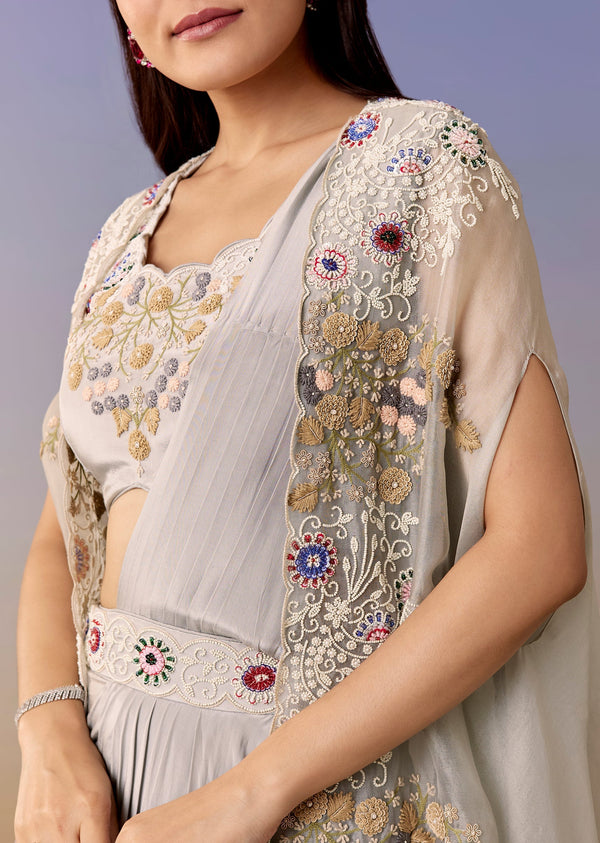Blue Cape Pre Draped Saree Set