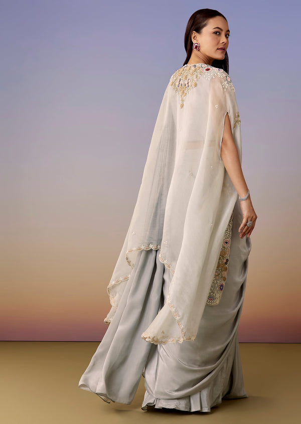 Blue Cape Pre Draped Saree Set