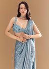 Blue Metallic Shimmer Ready Pleated Saree with Blouse
