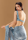 Blue Metallic Shimmer Ready Pleated Saree with Blouse
