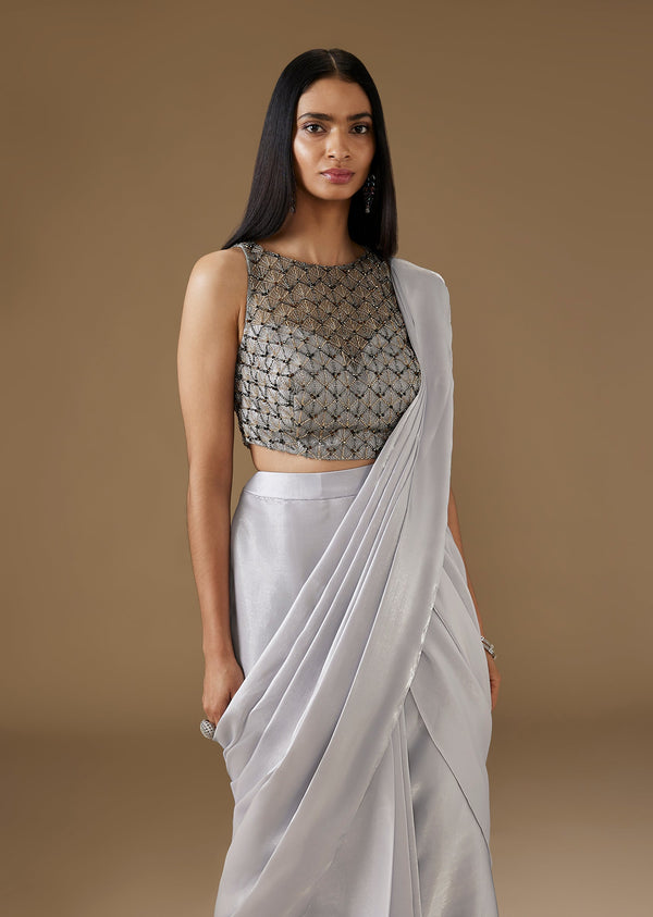 Blue Ready Pleated Saree With Heavy Embroidered Blouse