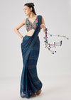 Blue Ready Pleated Saree With Resham Embroidered Blouse