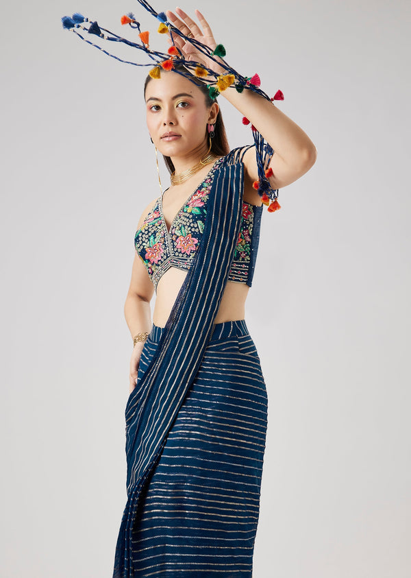 Blue Ready Pleated Saree With Resham Embroidered Blouse