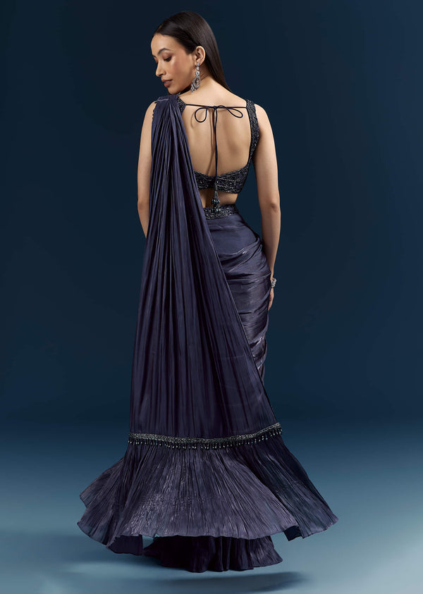 Blue Organza Ready Pleated Saree With Heavy Embroidery