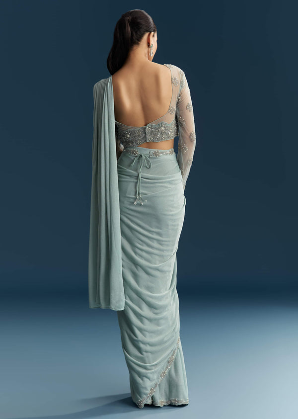 Blue Ready Pleated Saree With Beads And Moti Work