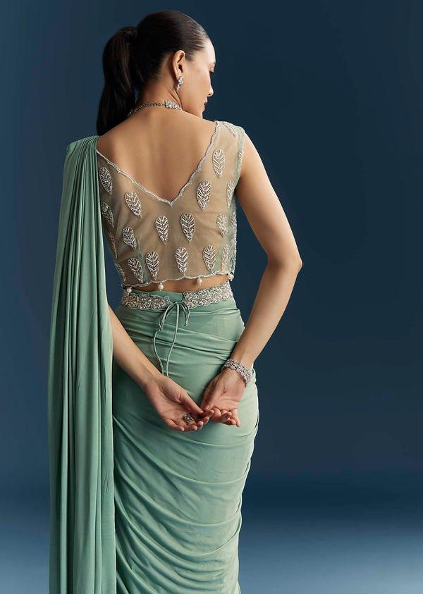 Blue Ready Pleated Saree With Cutdana And Sequins Work