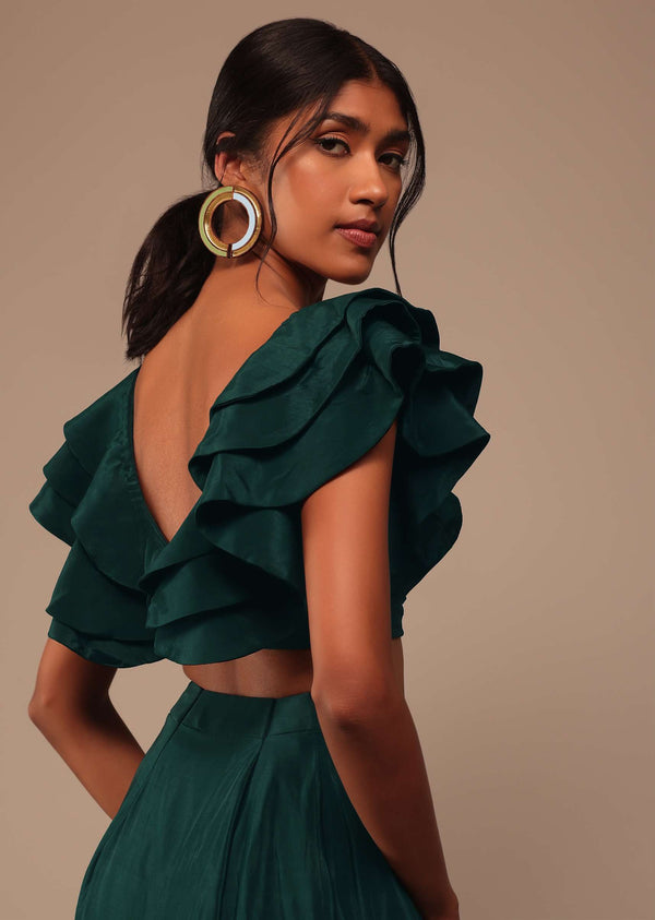 Bottle Green Crepe Pre Drape Saree With Fancy Blouse And Embroidered Belt