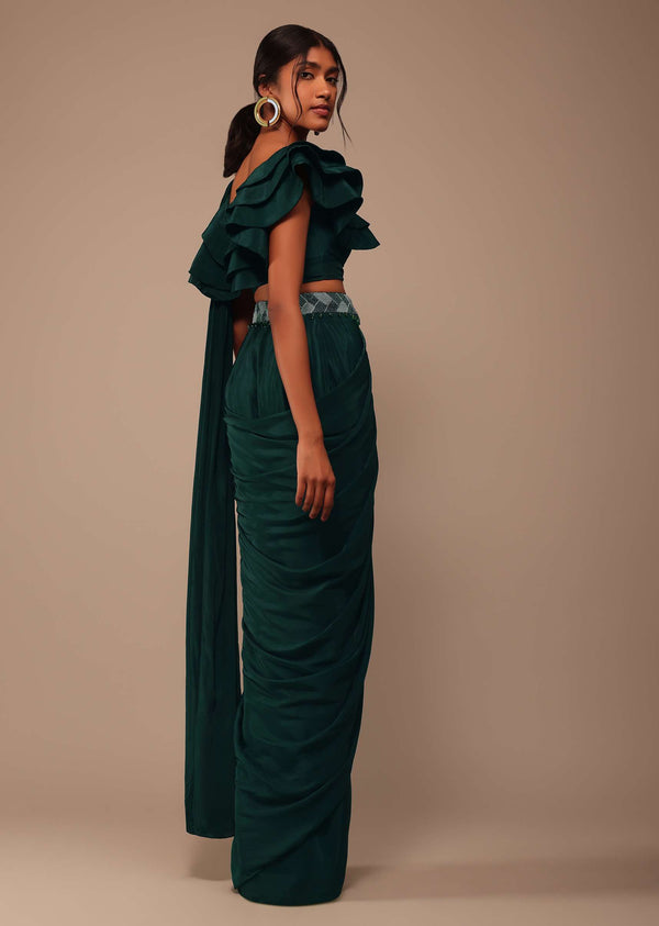 Bottle Green Crepe Pre Drape Saree With Fancy Blouse And Embroidered Belt