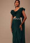 Bottle Green Crepe Pre Drape Saree With Fancy Blouse And Embroidered Belt