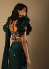 Bottle Green Readymade Saree With A Colorful Hand Embroidered Blouse With Fancy Layered Frill Sleeves