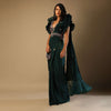 Bottle Green Readymade Saree With A Colorful Hand Embroidered Blouse With Fancy Layered Frill Sleeves