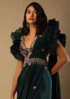 Bottle Green Readymade Saree With A Colorful Hand Embroidered Blouse With Fancy Layered Frill Sleeves