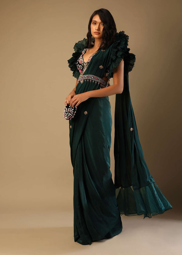 Bottle Green Readymade Saree With A Colorful Hand Embroidered Blouse With Fancy Layered Frill Sleeves