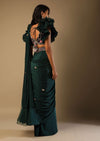 Bottle Green Readymade Saree With A Colorful Hand Embroidered Blouse With Fancy Layered Frill Sleeves