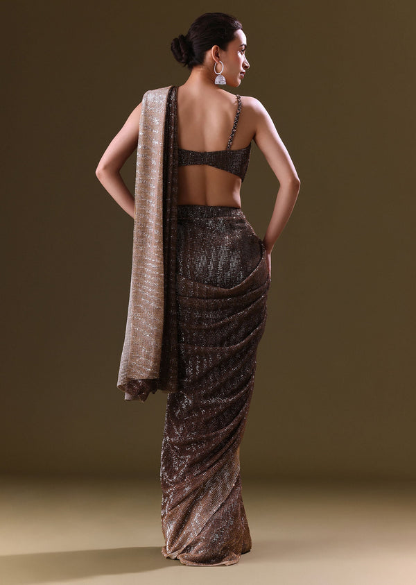 Brown Pre Stitched Saree With Cowl Blouse