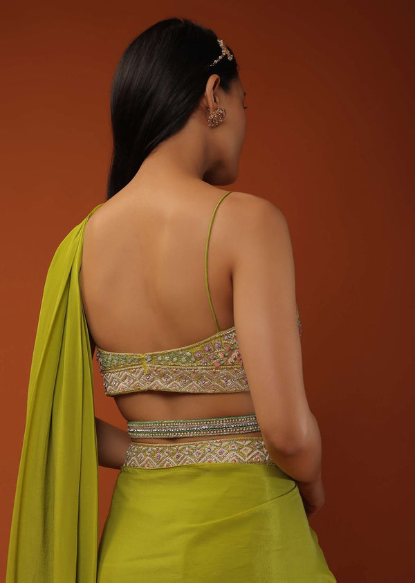 Citrus Green Pre Stitched Crepe Saree with Net Cape and V-Neck Crop Top