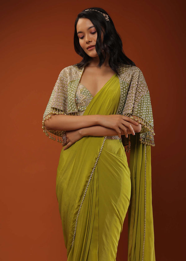 Citrus Green Pre Stitched Crepe Saree with Net Cape and V-Neck Crop Top