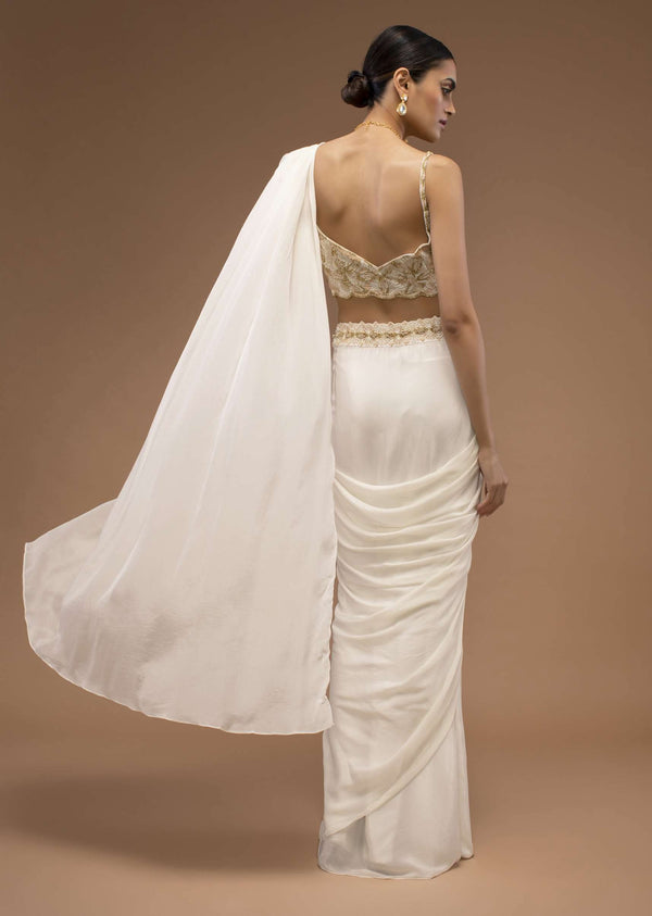 Cotton White Ready To Wear Saree With A Crop Top Set In Cut Dana Embroidery, Paired With The Spaghetti Straps With A Corset Neckline