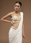 Cotton White Ready To Wear Saree With A Crop Top Set In Cut Dana Embroidery, Paired With The Spaghetti Straps With A Corset Neckline