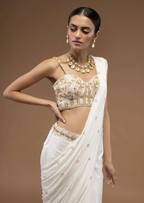 Cotton White Ready To Wear Saree With A Crop Top Set In Cut Dana Embroidery, Paired With The Spaghetti Straps With A Corset Neckline