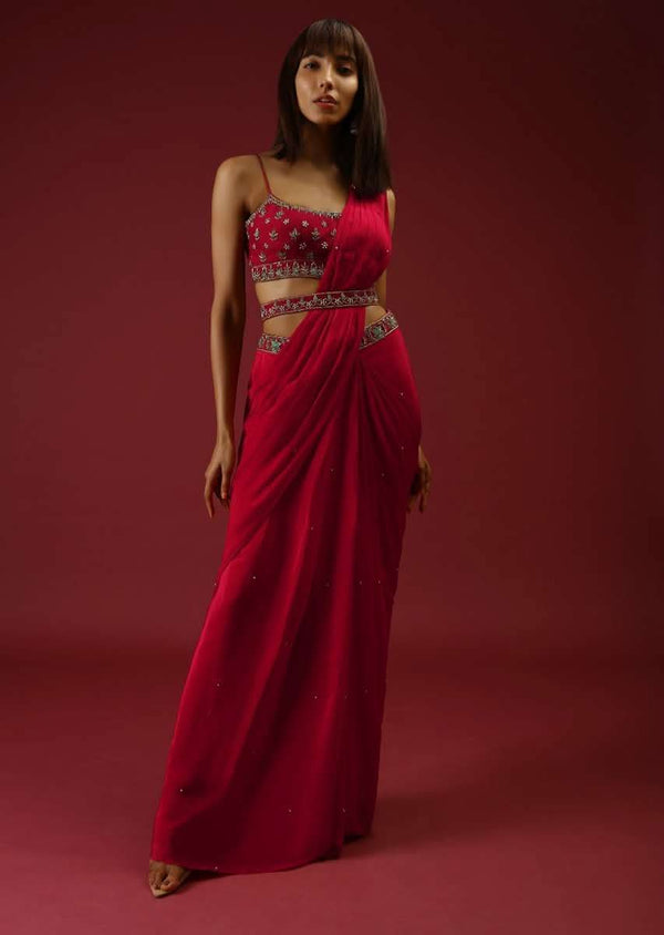 Cranberry Red Ready To Wear Saree With A Multicolored Hand Embroidered Blouse And Belt