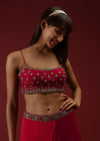 Cranberry Red Ready To Wear Saree With A Multicolored Hand Embroidered Blouse And Belt