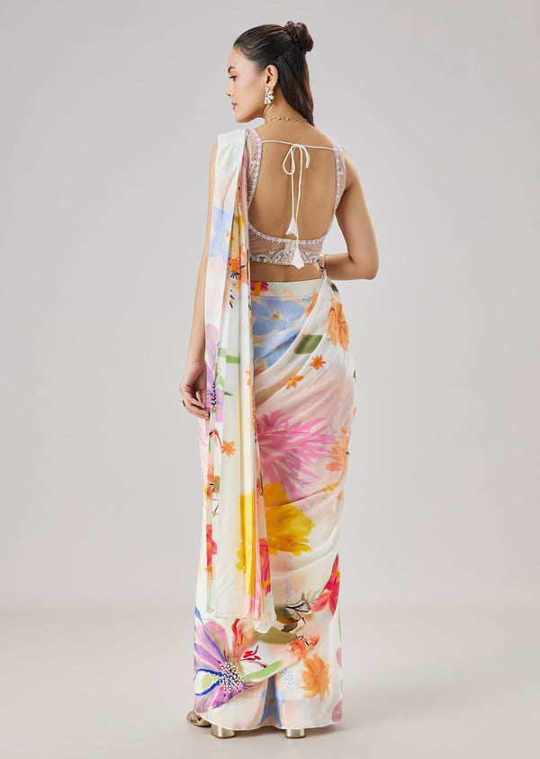 Cream Floral Printed Ready Pleated Saree With Embellished Blouse