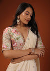 Cream White Ready To Wear Saree With Floral Hand Work On The Blouse