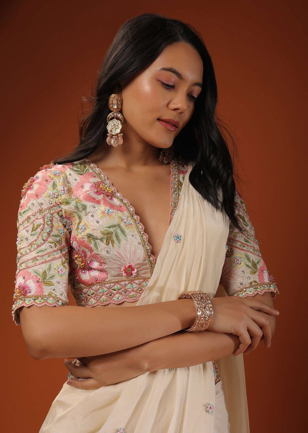 Cream White Ready To Wear Saree With Floral Hand Work On The Blouse