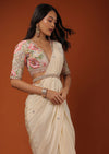 Cream White Ready To Wear Saree With Floral Hand Work On The Blouse